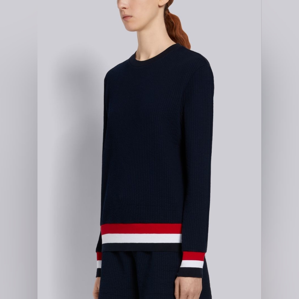 Thom Browne Navy Cotton Seersucker Tri-color Trim Crewneck Sweatshirt